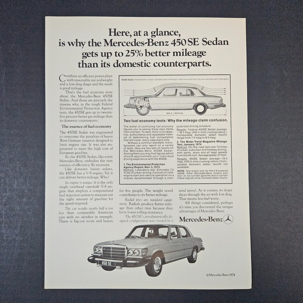 1974 Mercedes-Benz 450SE Luxury Sedan Vintage Print Ad Mancave Garage Shop Bar‎